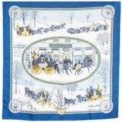 Hermes blue L'HIVER EN POSTE 90 silk twill Scarf