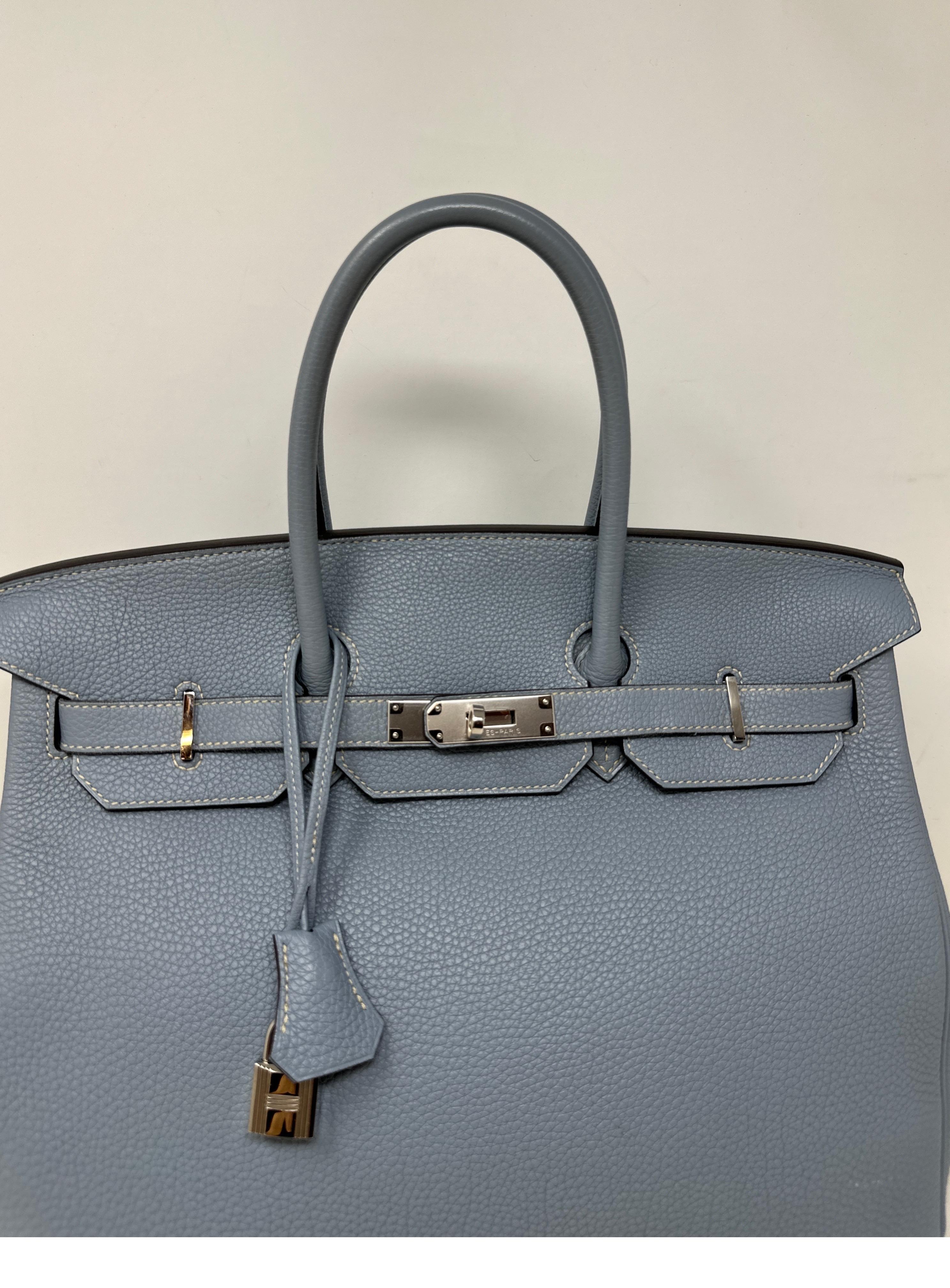 Hermes Blue Lin Birkin 35 Bag. Light blue grey color. Excellent condition. Stunning bag. Palladium silver hardware. Togo leather. Interior clean. Looks like new. Includes clochette, lock, keys, and dust bag. Guaranteed authentic. 