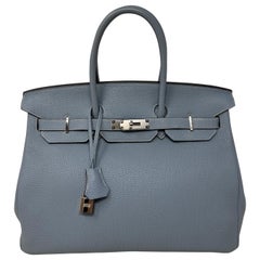 Hermes Blue Lin Birkin 35 Bag