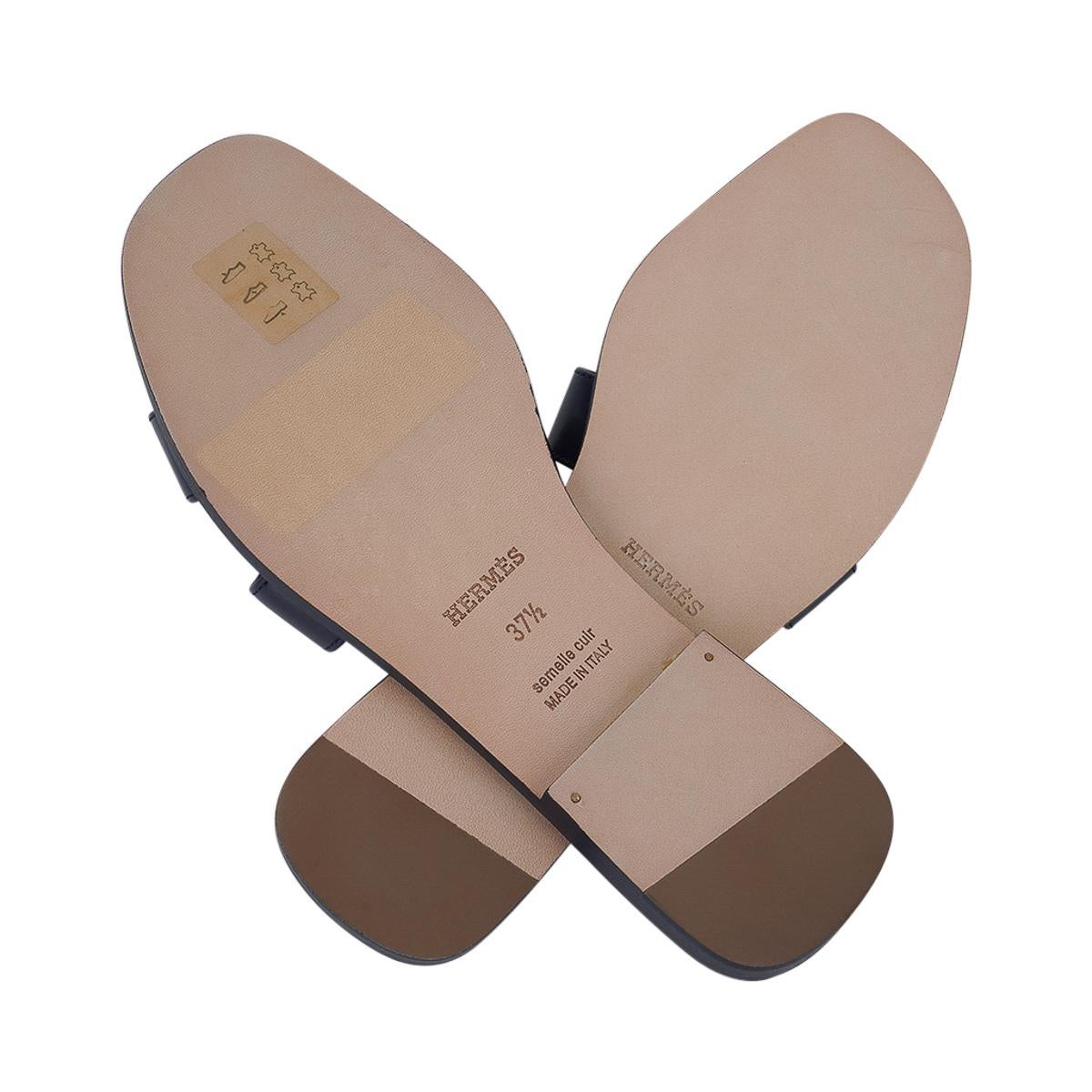 Hermes Blue Marine Oran Sandal Box Calfskin Leather Flat Shoes 37.5 / 7.5 3
