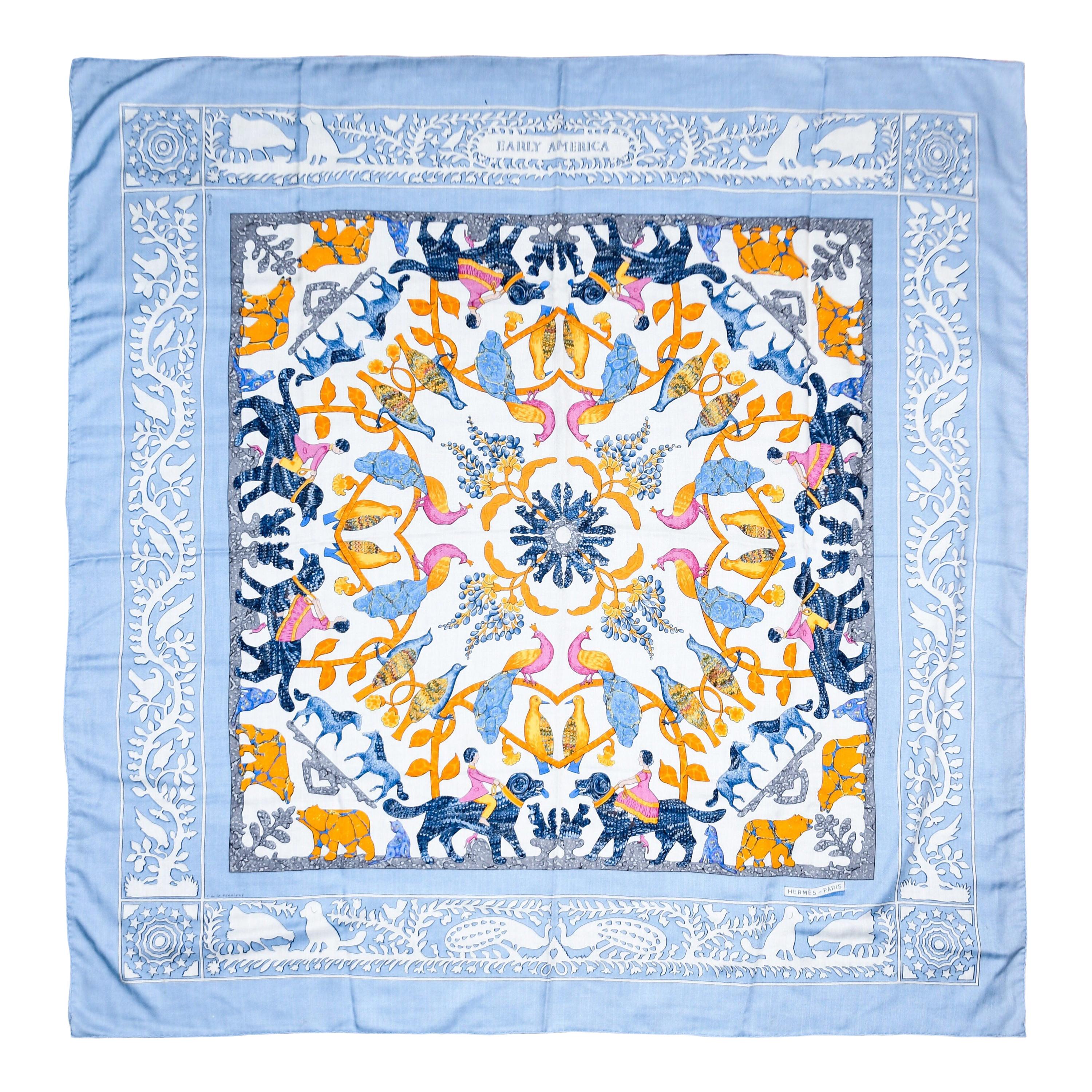 Hermes Blue & Multi "Early America" Design by Francoise de la Perriere Shawl