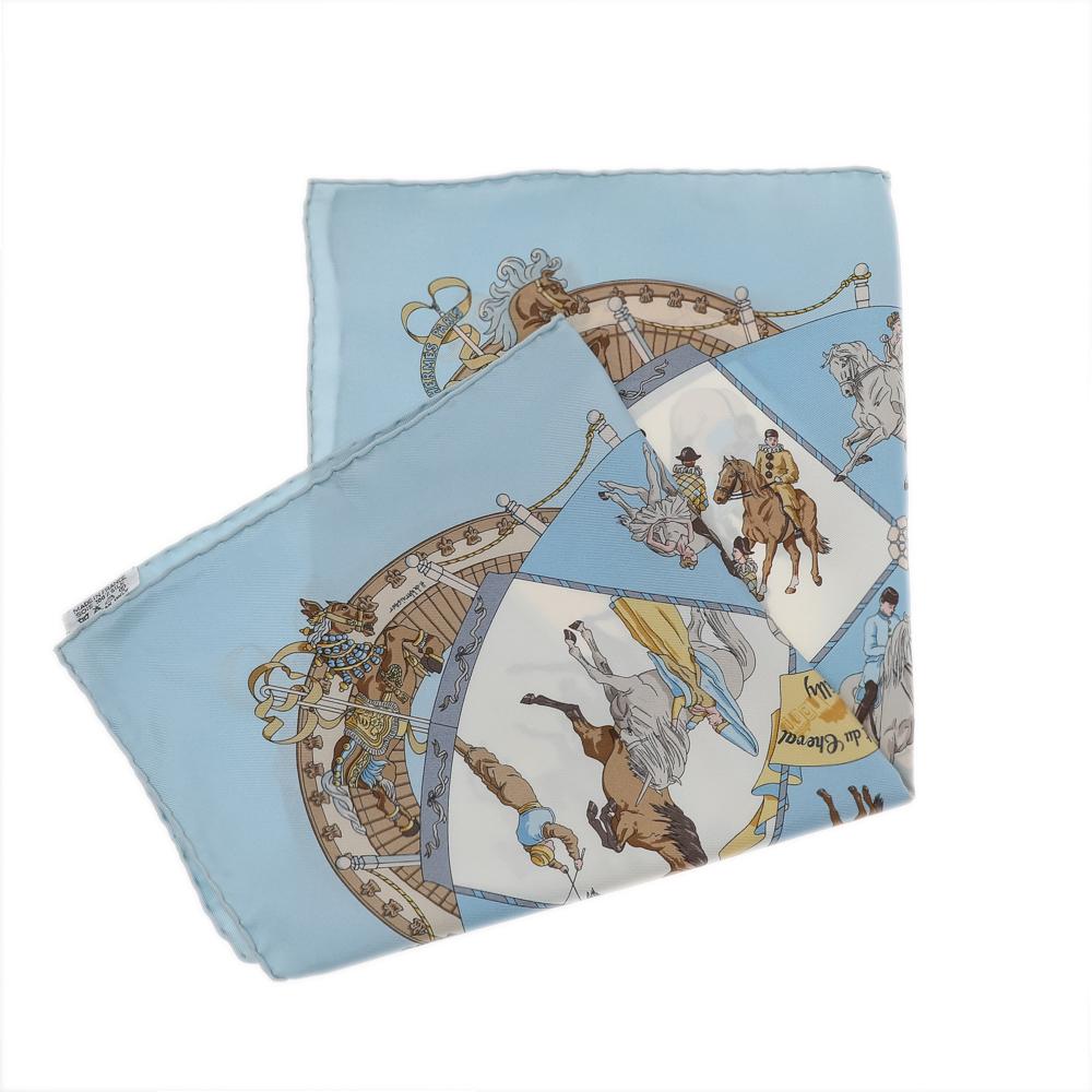 Gray Hermes Blue Musee Vivant du Cheval Chantilly Silk Handkerchief