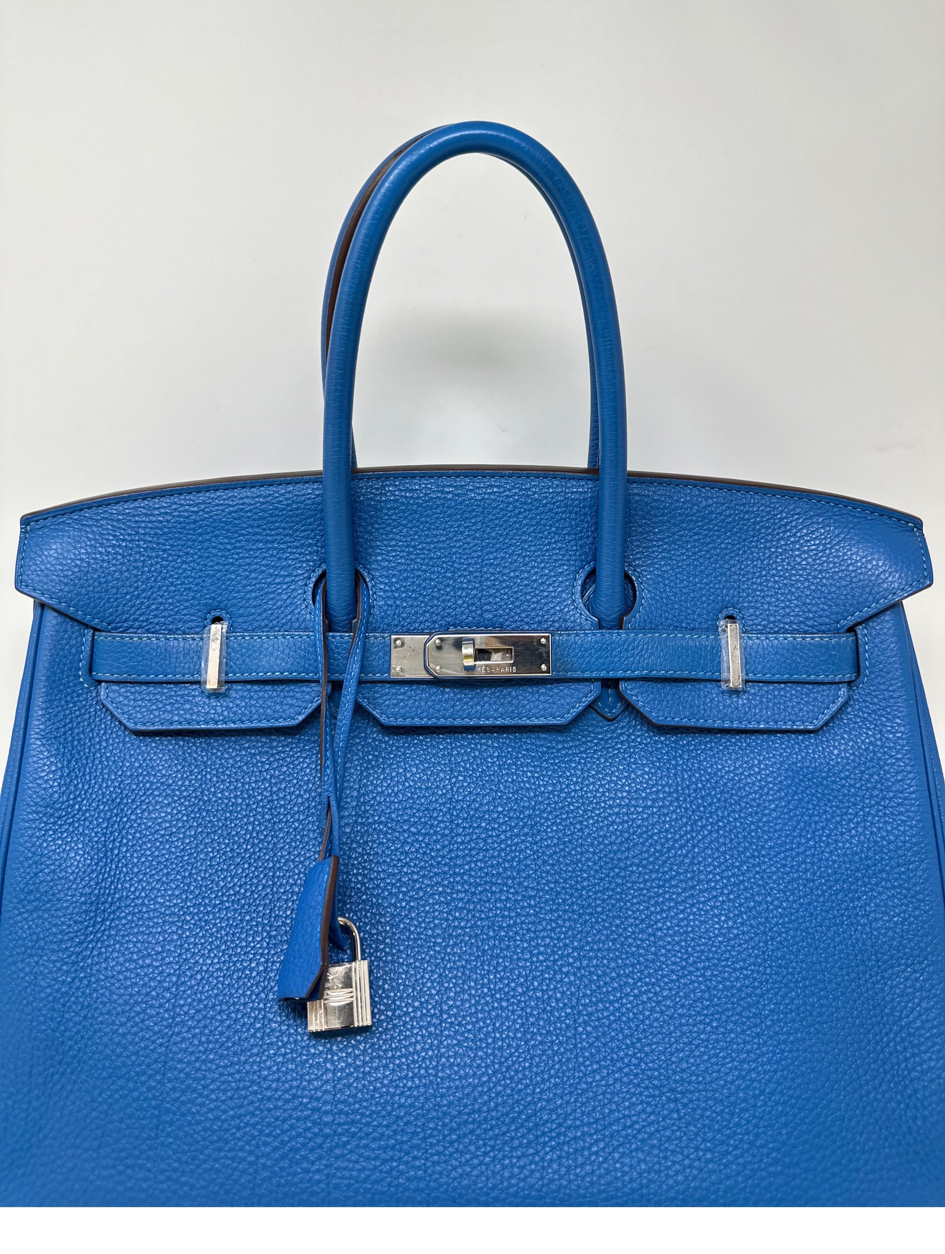 Hermes Blue Mykonos 35 Birkin Bag. Togo leather in excellent condition. Palladium silver hardware. Interior clean. Priced to sell. Nice shape. Comes with clochette, lock, keys, and dust bag. Guaranteed authentic. 