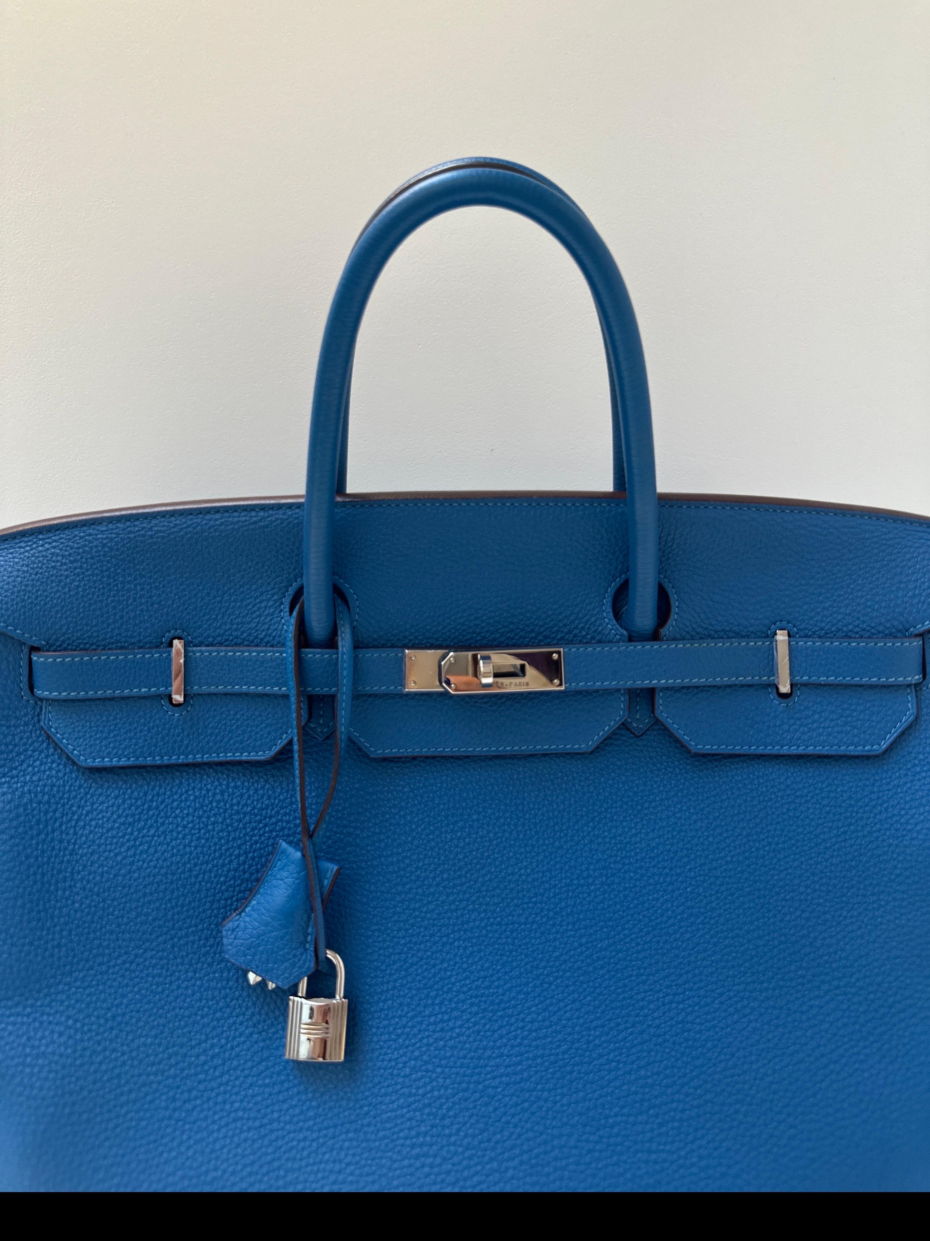 Hermes Blue Mykonos Birkin 40 Bag. Interior clean. Silver palladium hardware. Togo leather. Rare size 40. Big bags are coming back. Includes clochette, lock, keys, and dust bag. Guaranteed authentic. 