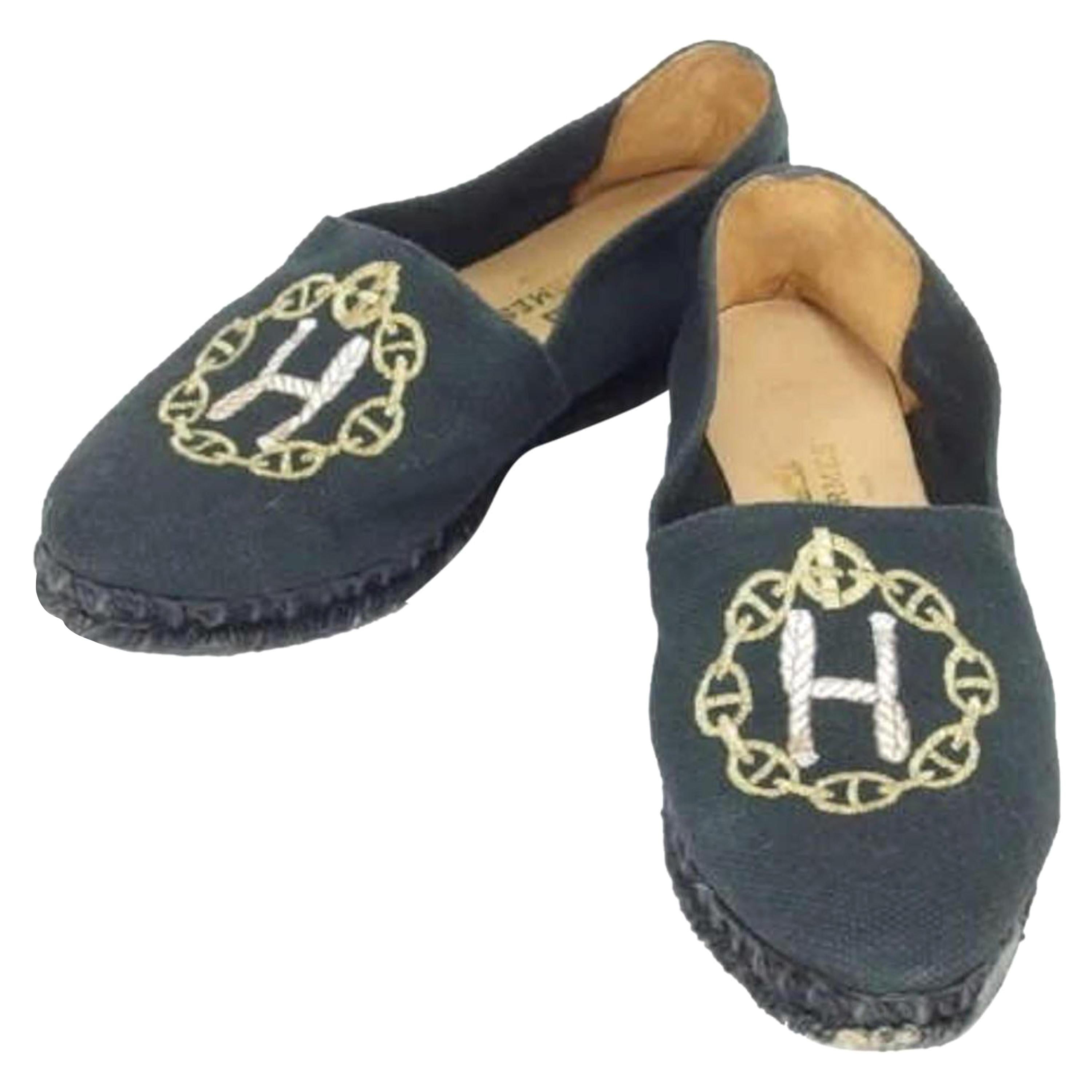 Hermès Blue Navy Eusebio Horsebit H Logo Espadrilles 232489 Flats For Sale