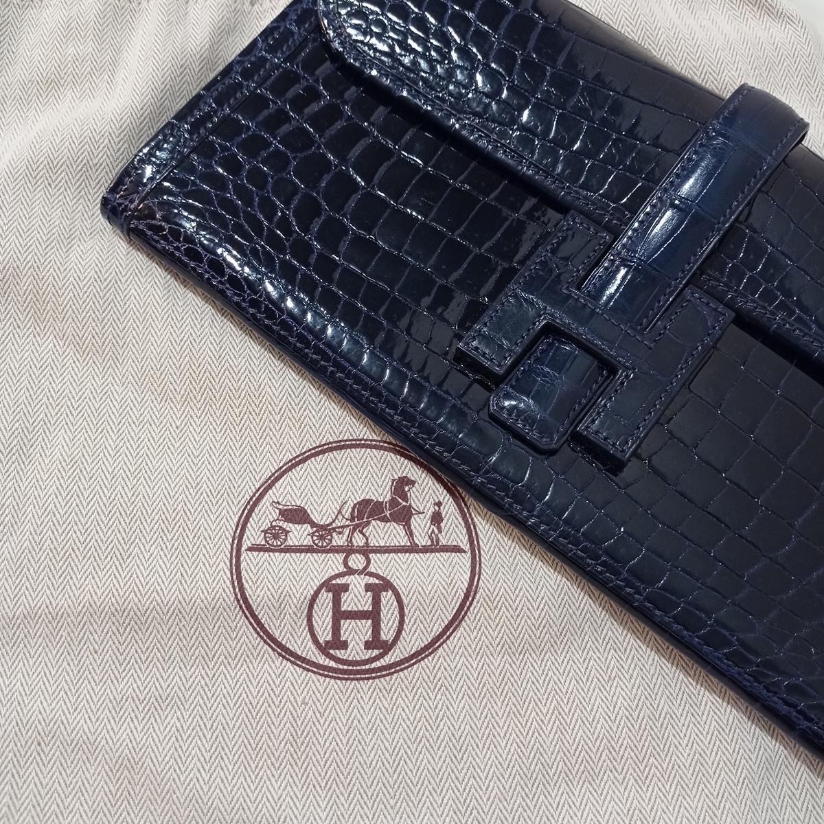 Women's Hermes Blue Nil Crocodile Jige Clutch