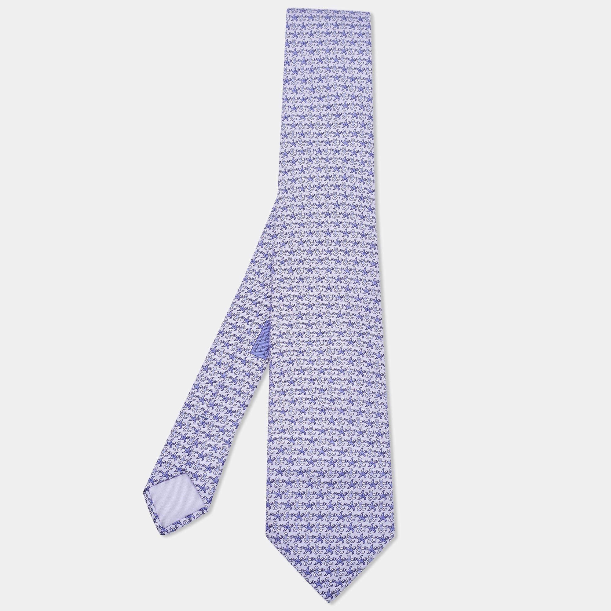 Hermes Blue Octopus & Starfish Print Silk Tie 6