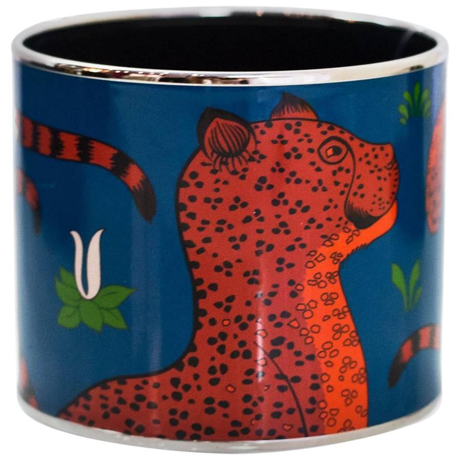 Hermes Blue 
Orange Extra Wide Enamel Les Leopards Bangle Bracelet Sz 65