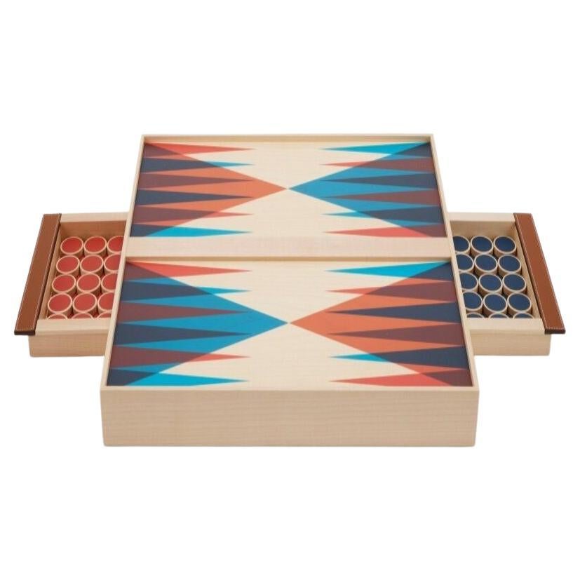 HERMES Blue Orange Tan Wood Backgammon Game Set in Box