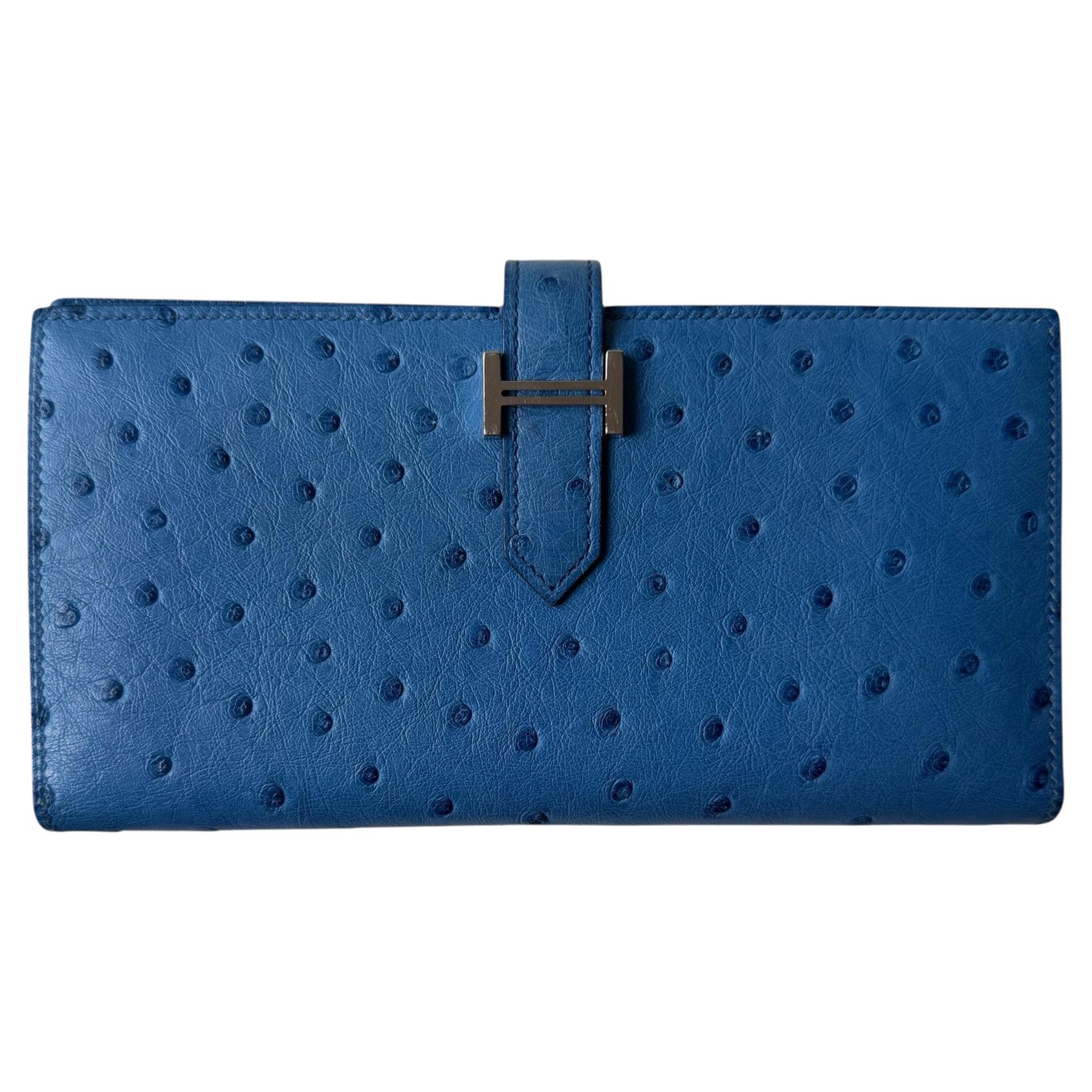 Hermes Blue Ostrich H Bearn Wallet with Palladium Hardware