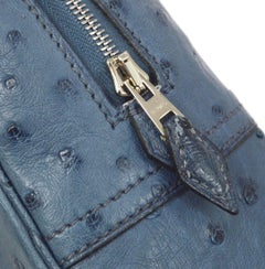 Hermes Blue Ostrich Leather Exotic Skin Silver Evening Top Handle Satchel Bag