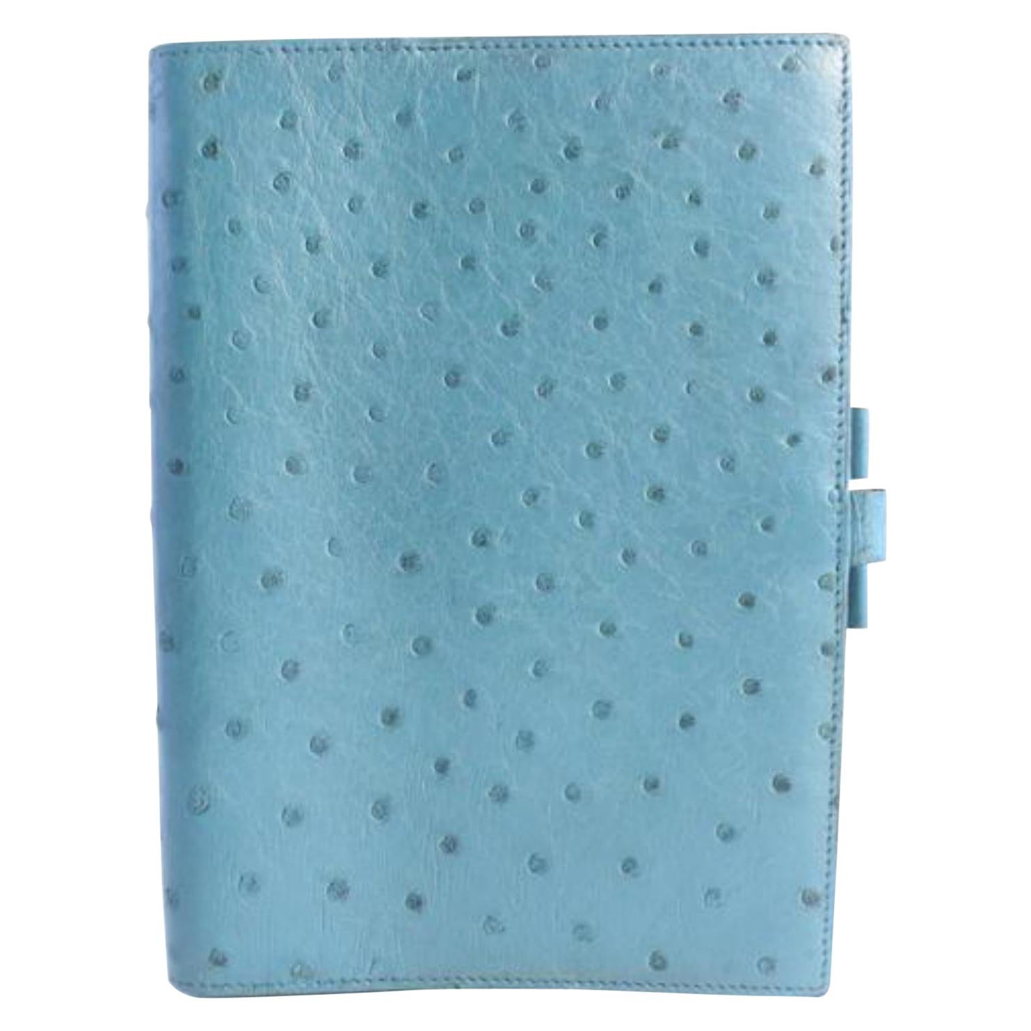 Hermès Blue Ostrich Leather Vision Large Agenda Notebook Cover 7hz0821 Tech  For Sale