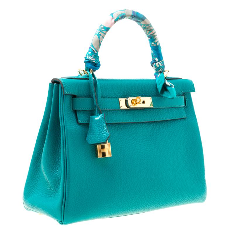 Women's Hermes Blue Paon Clemence Leather Gold Hardware Kelly Retourne 28 Bag