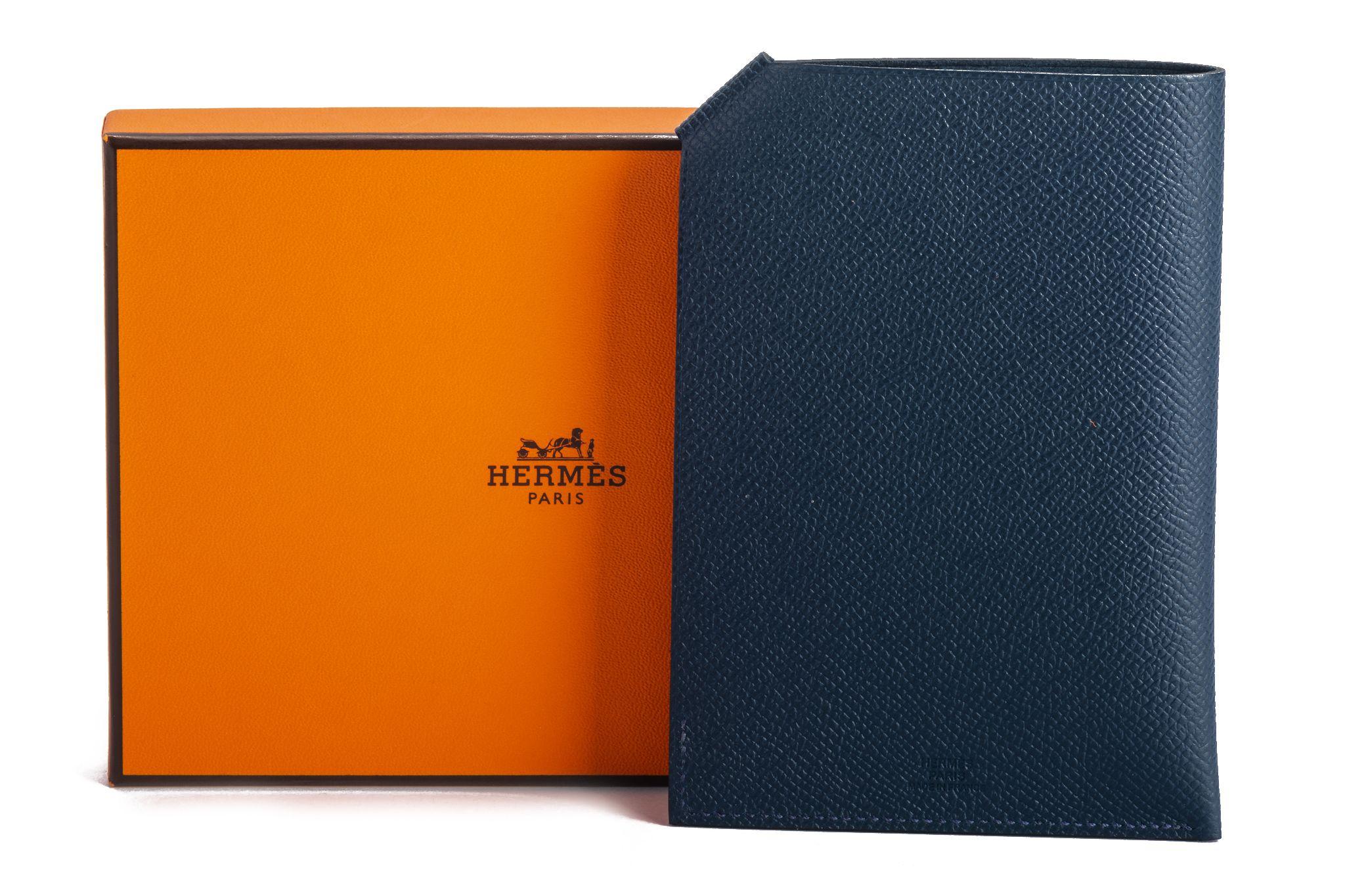 Hermès blue nuit Epsom leather passport holder. Date stamp Y. Brand new with box and ribbon.