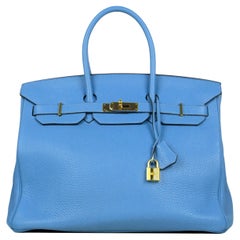 Sac Birkin Hermès modèle Taurillon Clemence en cuir bleu Paradis 35 cm