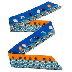 Hermes blue PARURES DES MAHARAJAS Twilly Scarf silk Bleu Royal Orange Turquoise
