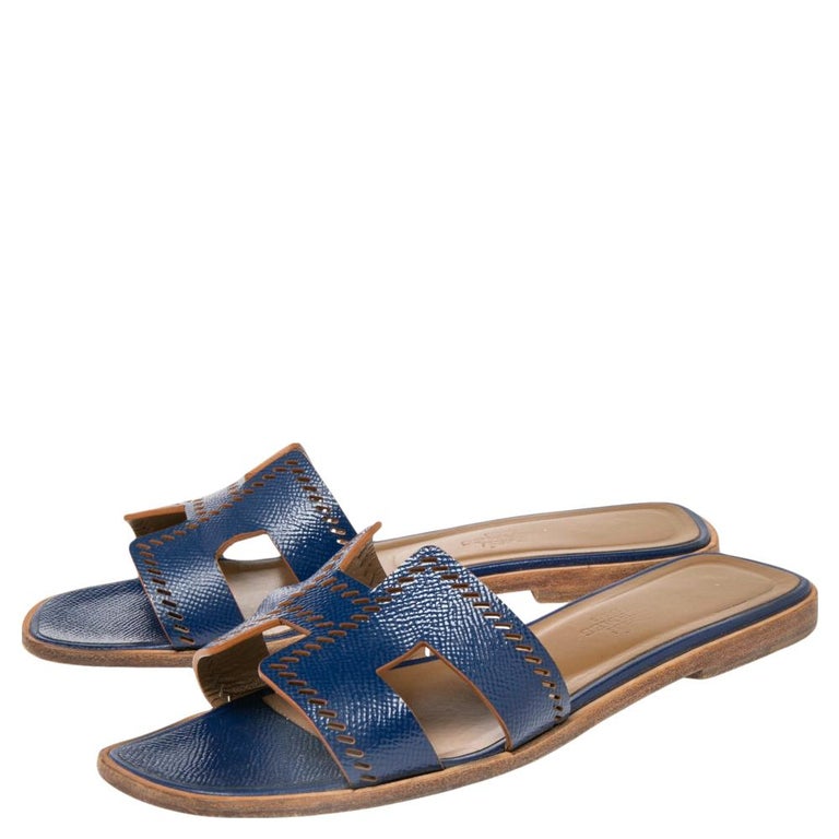 Hermes Navy Blue Leather Oran Sandals Size 39 Hermes