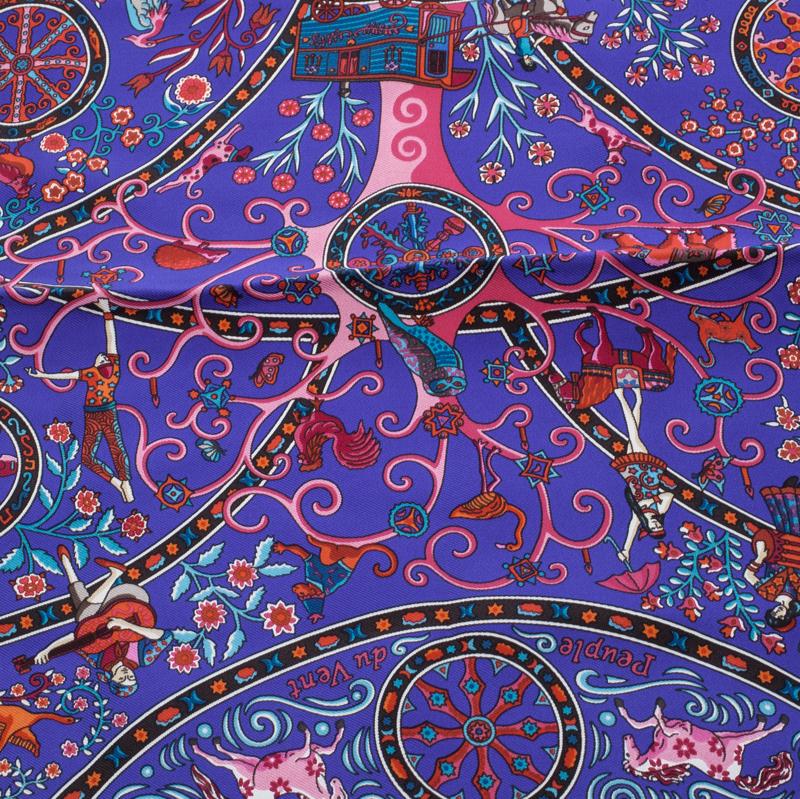 The Peuple Du Vent print adorning this silk scarf from Hermes was first created in 2009 by Christine Henry. The print is a homage to the eternal travellers like Tziganes, Gypsies, Bohemians who are also known as the People of the Wind. This one will