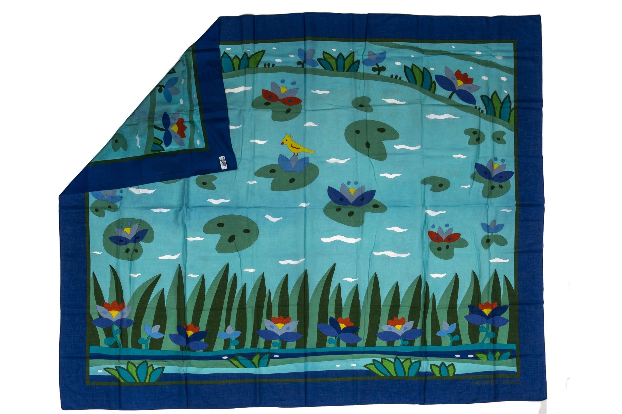 Hermès vintage blue pond silk and cotton blend sarong. Excellent condition.