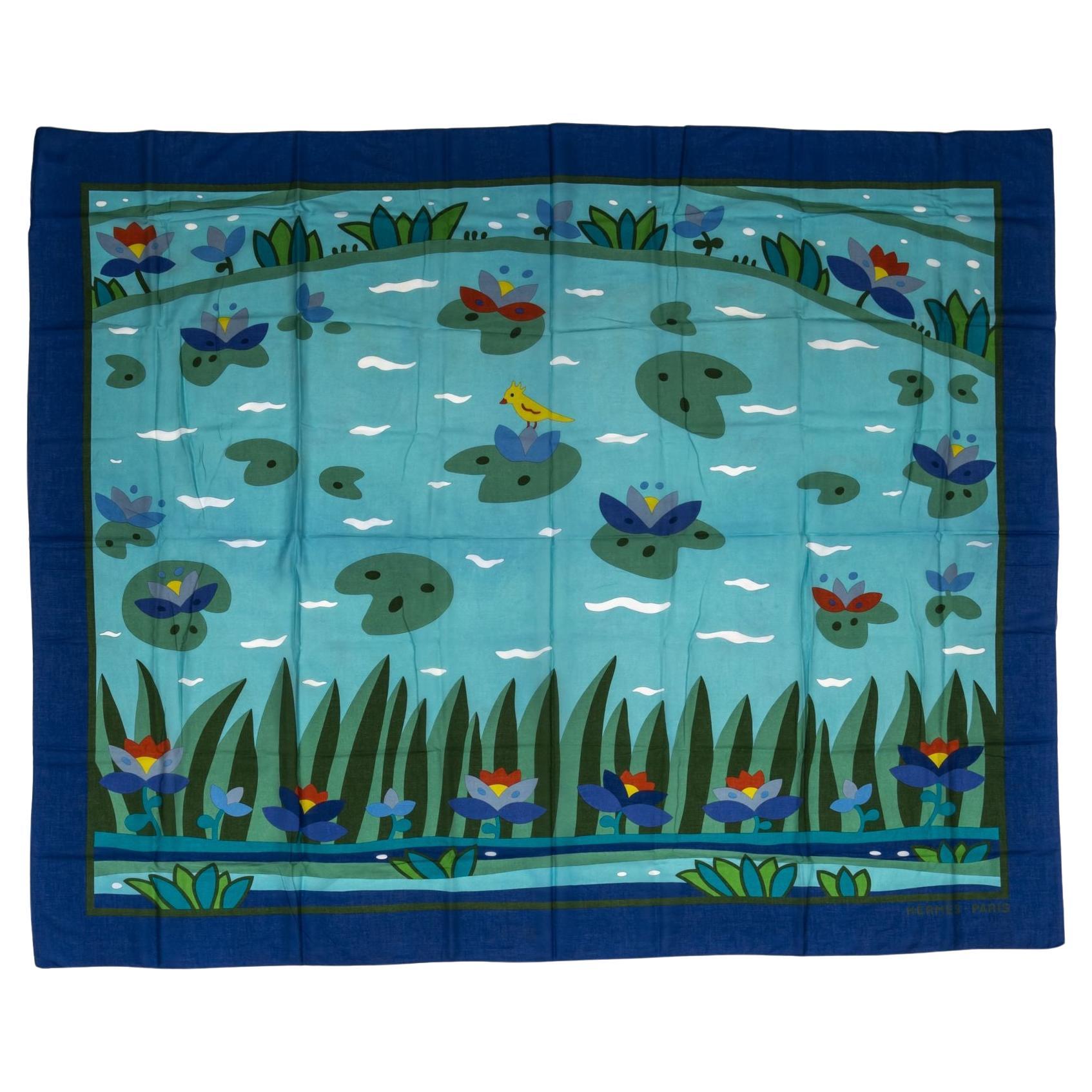 Hermes Blue Pond Silk Cotton Sarong For Sale
