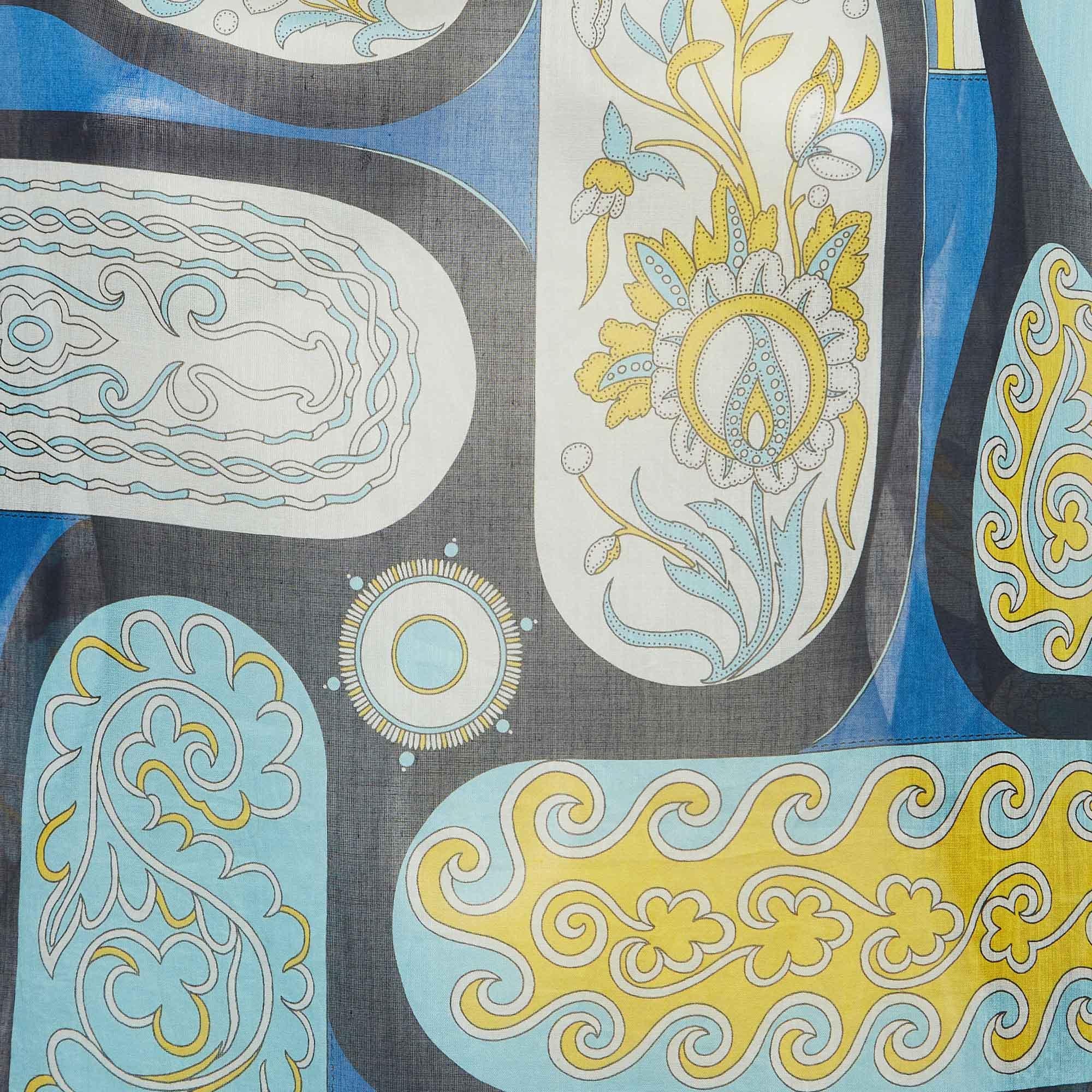 Hermes Blau gedruckt schiere Baumwolle Kaftan Minikleid eine Größe (Grau) im Angebot