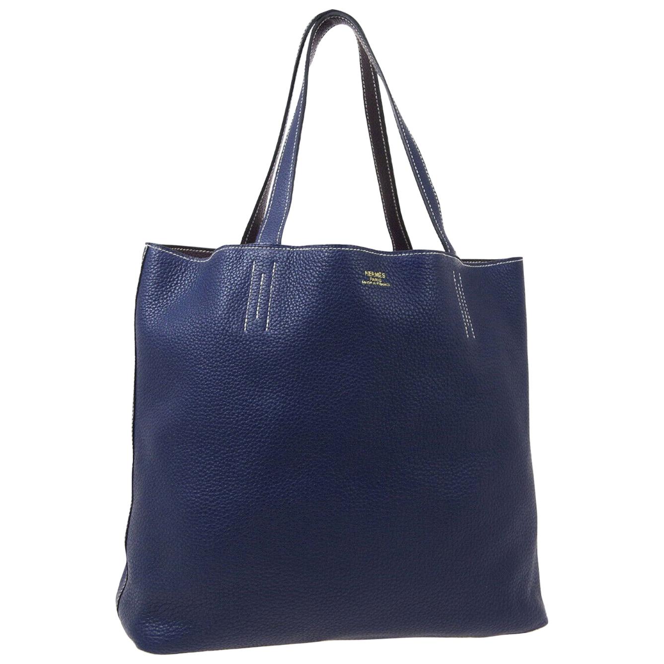  Hermes Blue Purple Leather Reversible Carryall Travel Men's Women's Tote Bag