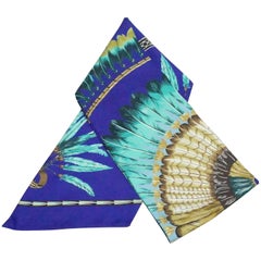 Hermes Blue Purple Turquoise "Feathers" Silk Maxi Twilly Scarf