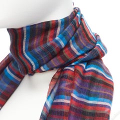 Hermès blue red checkered cashmere silk long wrap rectangular scarf