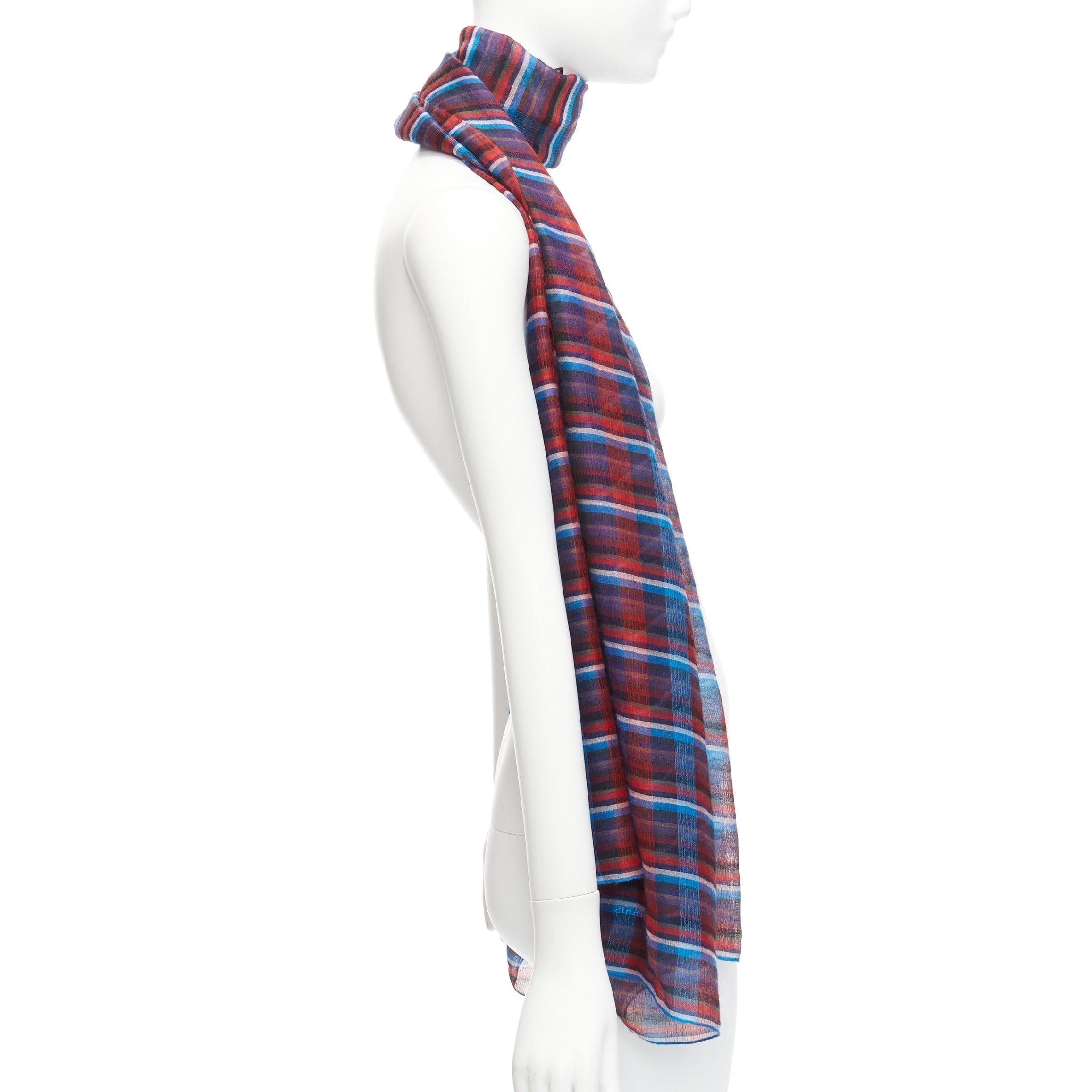 Women's HERMES blue red checkered cashmere silk long wrap rectangular scarf For Sale