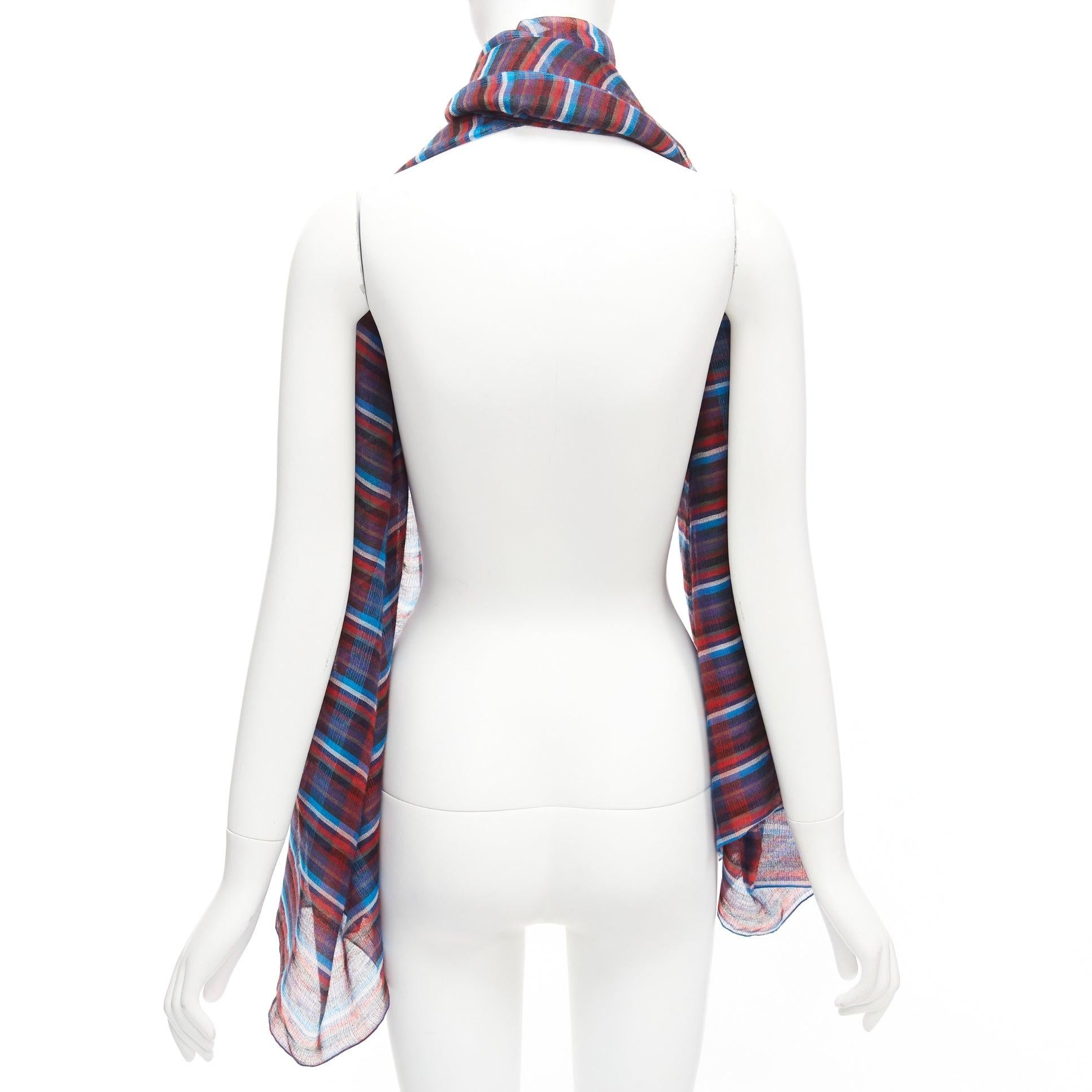Women's Hermès blue red checkered cashmere silk long wrap rectangular scarf