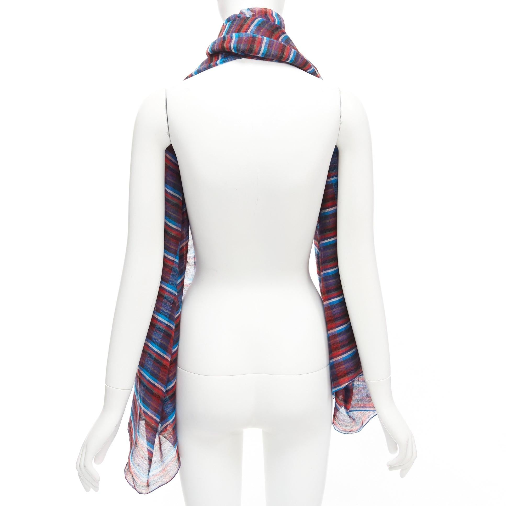 HERMES blue red checkered cashmere silk long wrap rectangular scarf For Sale 1