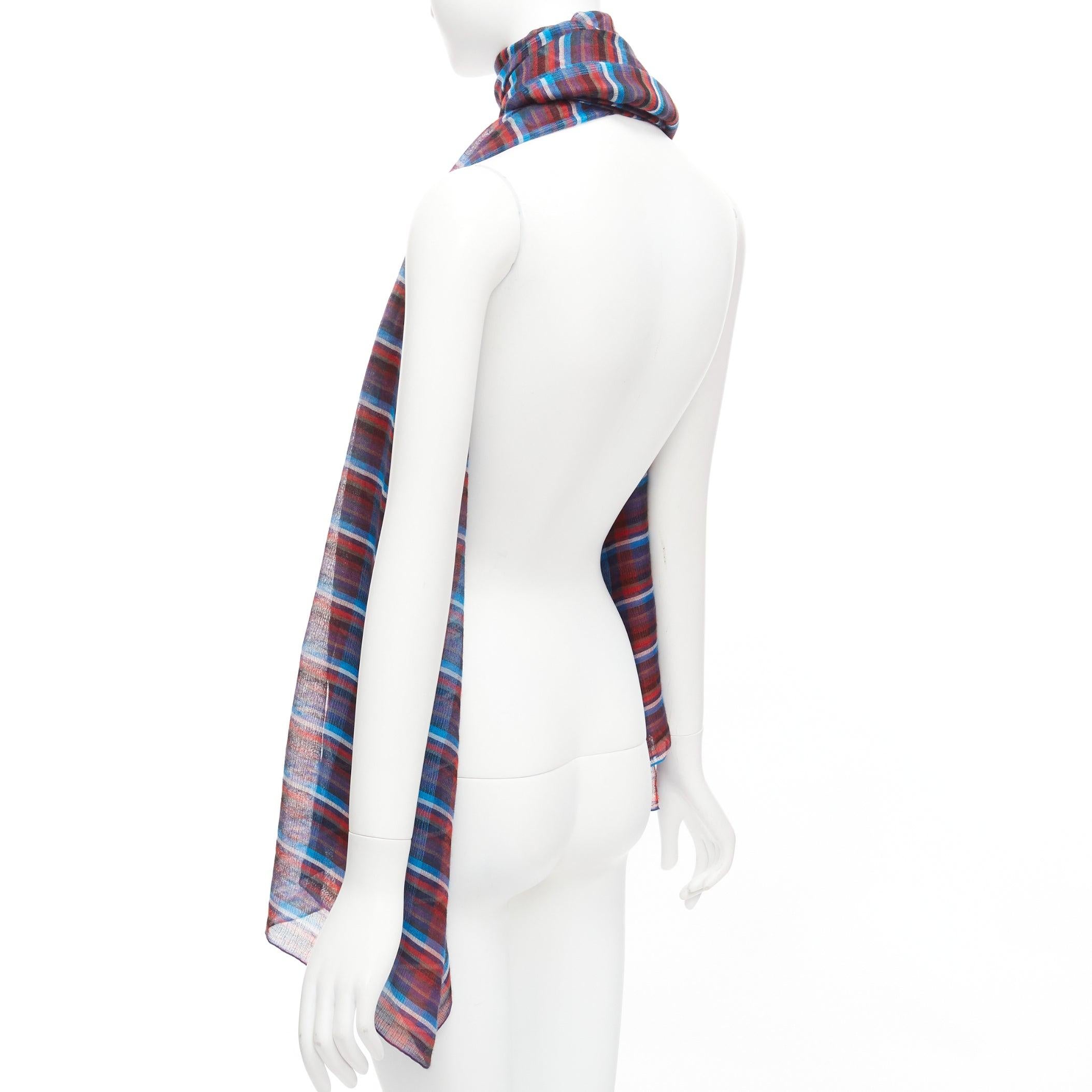 HERMES blue red checkered cashmere silk long wrap rectangular scarf For Sale 2