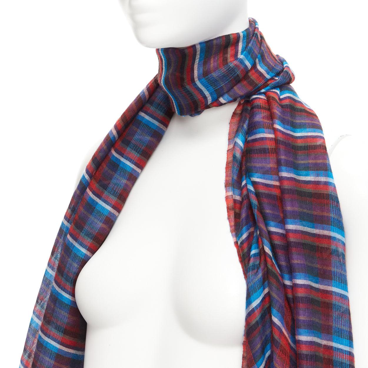 HERMES blue red checkered cashmere silk long wrap rectangular scarf For Sale 3