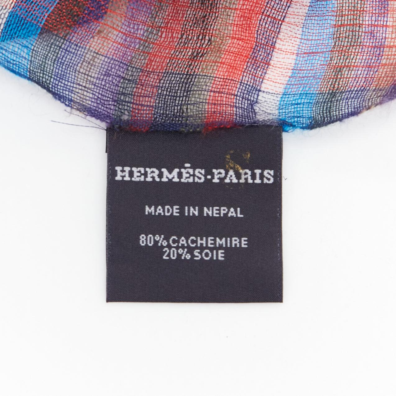 Hermès blue red checkered cashmere silk long wrap rectangular scarf 3