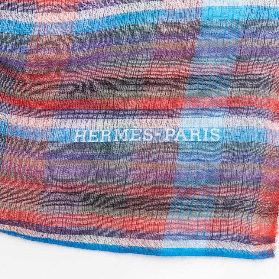Hermès blue red checkered cashmere silk long wrap rectangular scarf 4