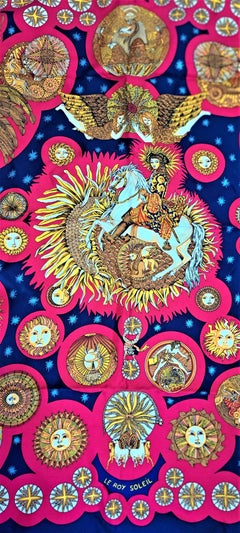 Hermes Blue, red, Gold "Le Roy Soleil" 90cm Silk Scarf designed by Annie Faivre