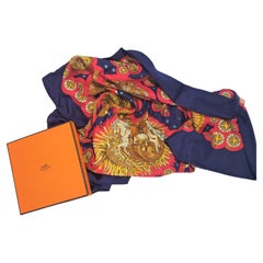 Hermes Blue, red, Gold "Le Roy Soleil" 90cm Silk Scarf designed by Annie Faivre