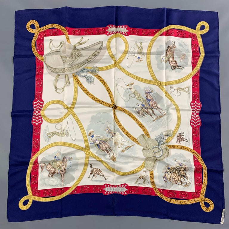 HERMES Blue Red White Equestrian Silk Charreada Scarf For Sale at 1stDibs