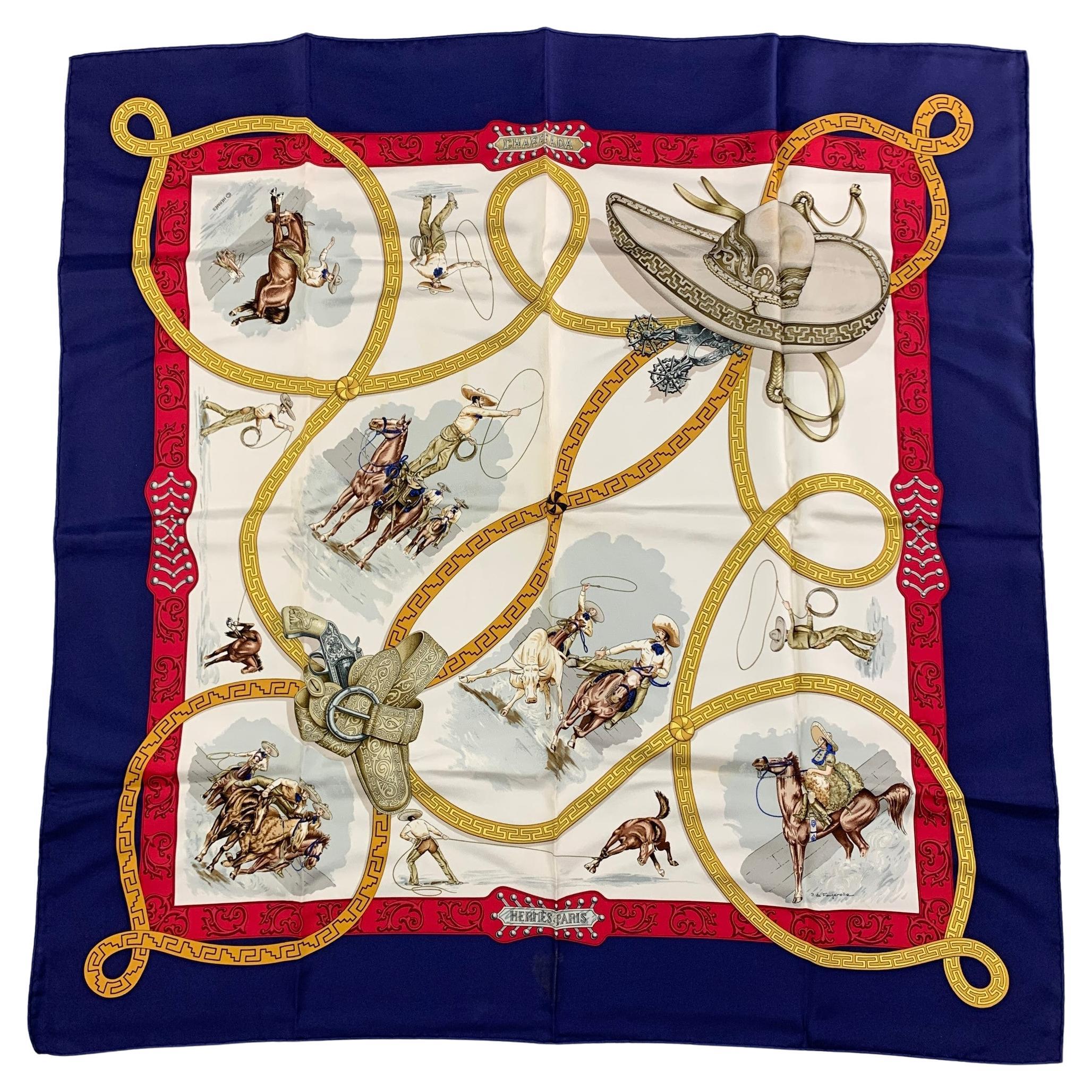 HERMES Blue Red White Equestrian Silk Charreada Scarf For Sale at 1stDibs