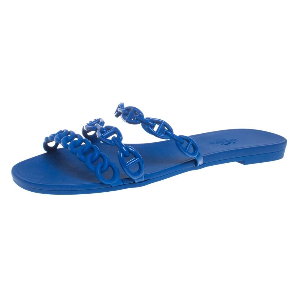 Hermes Blue Rubber Chaine d'Ancre Rivage Slide Sandals Size 37