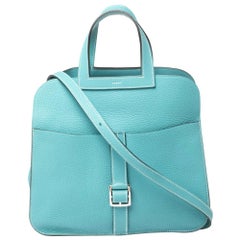 Hermes Blue Saint-Cyr Clemence Leather Palladium Hardware Halzan 31 Bag