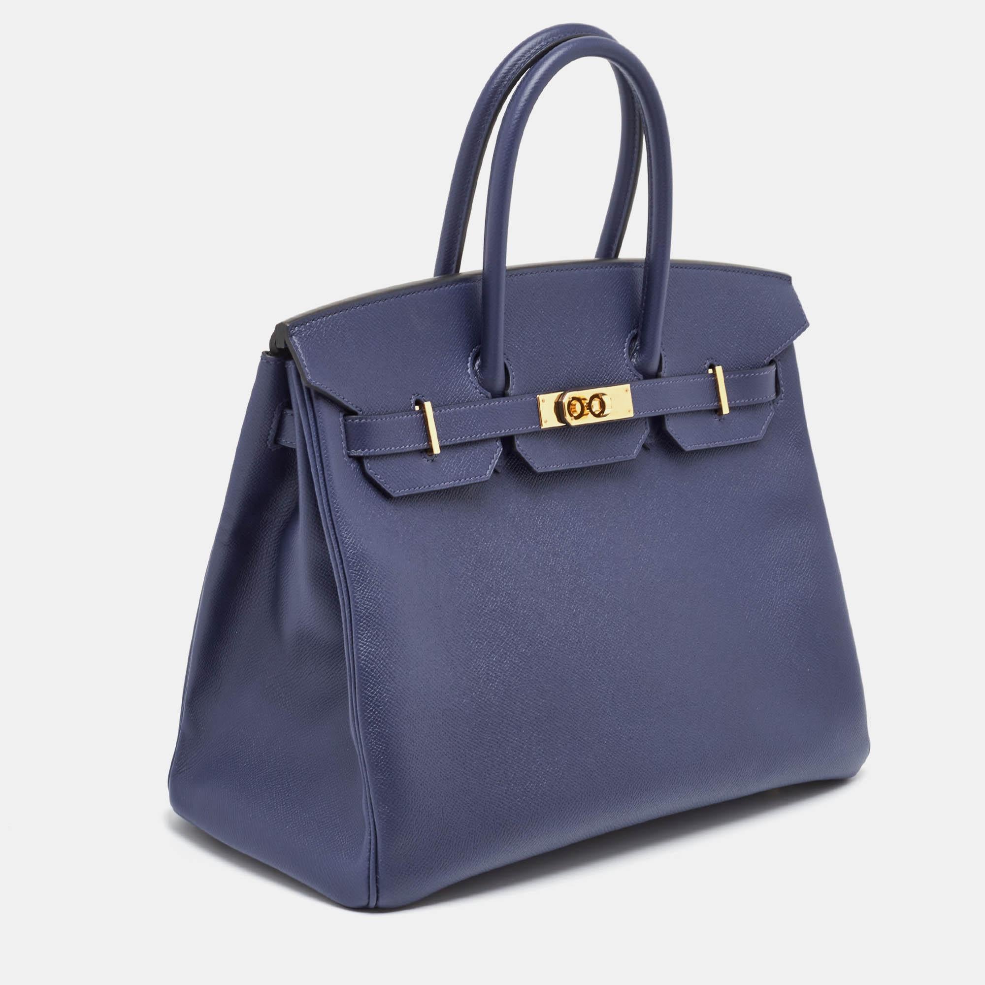 Gray Hermes Blue Saphir Epsom Leather Gold Finish Birkin 35 Bag
