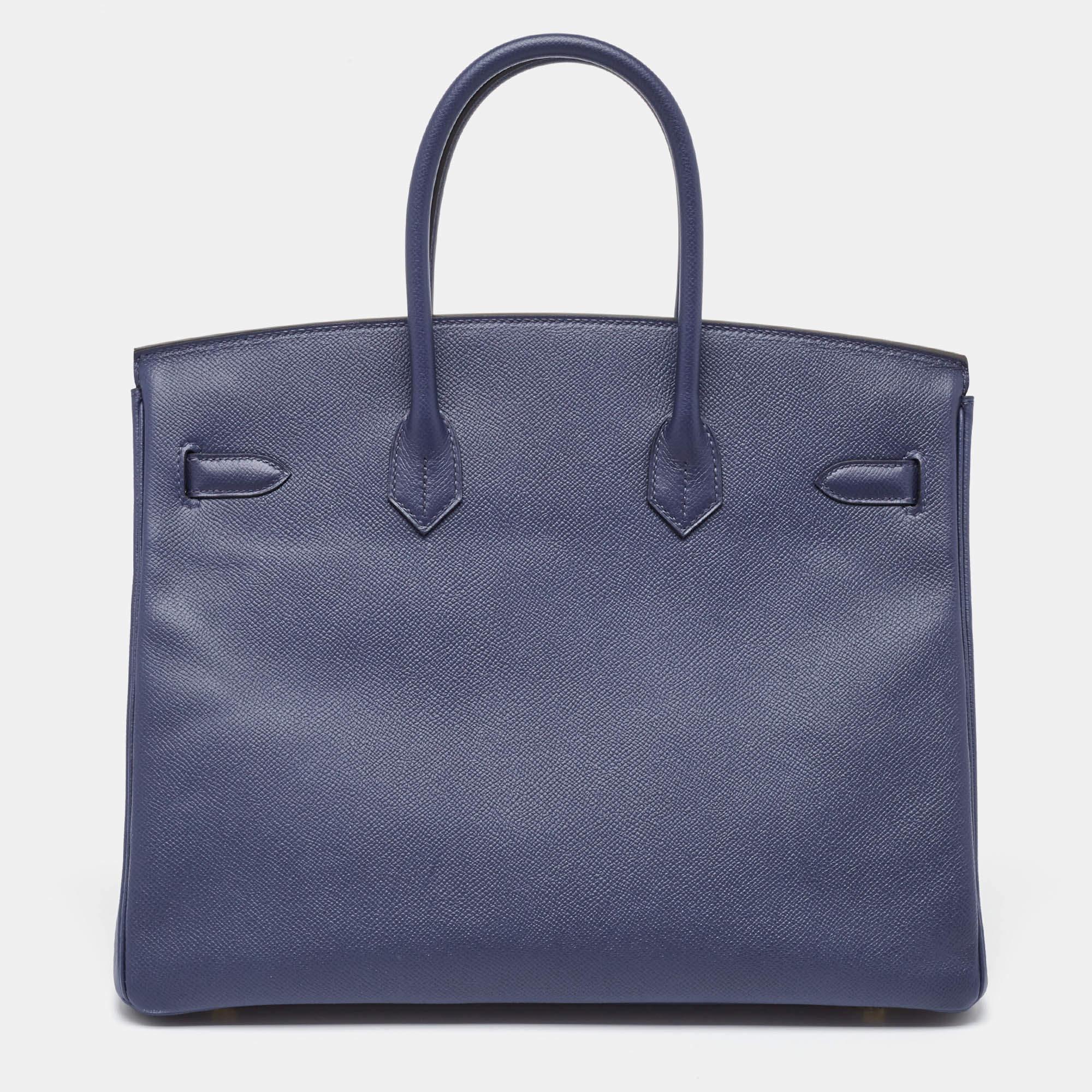 Hermes Blue Saphir Epsom Leather Gold Finish Birkin 35 Bag In Good Condition In Dubai, Al Qouz 2