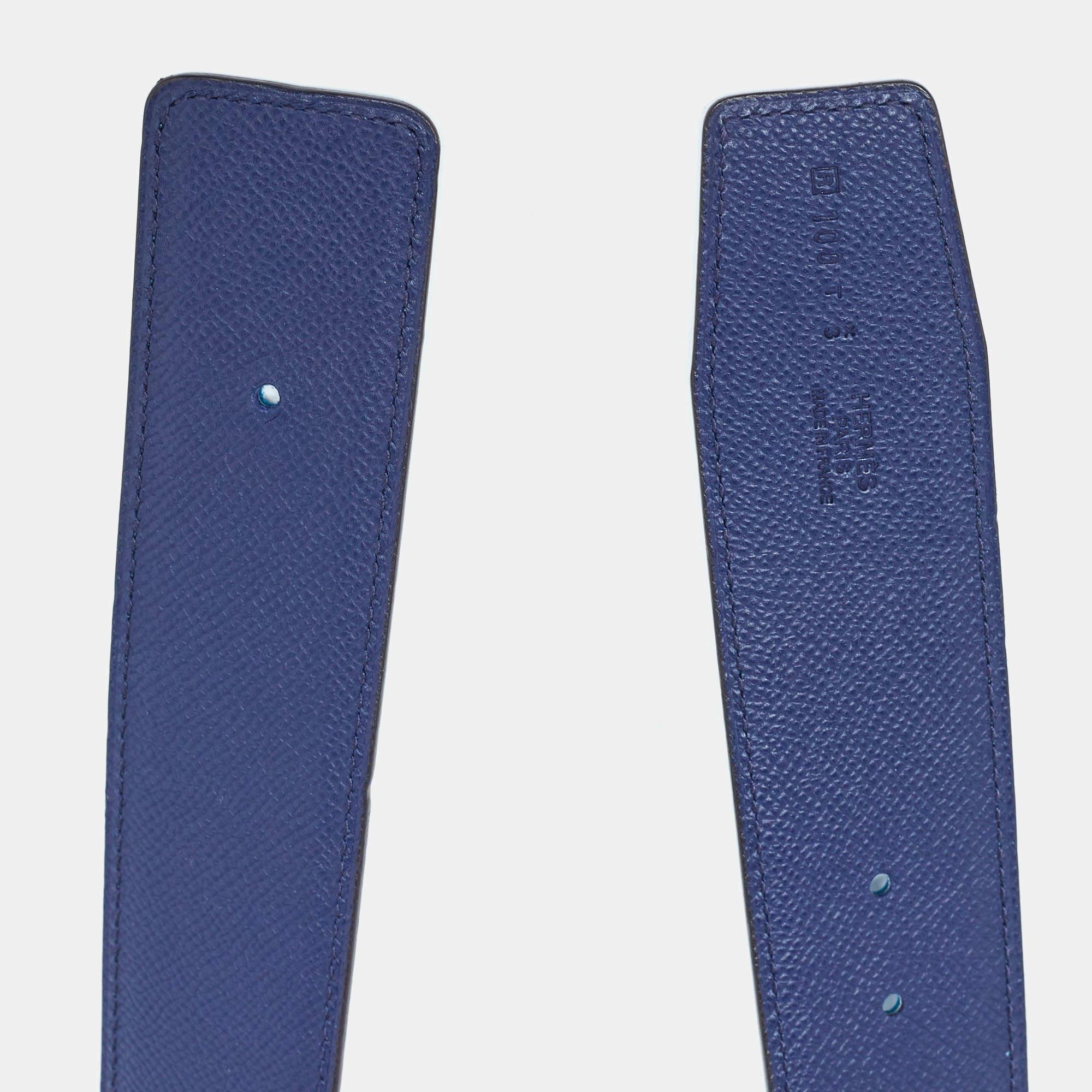 Gray Hermes Blue Saphir/Izmir Epsom and Tadelakt Leather Reversible Belt Strap Size 1