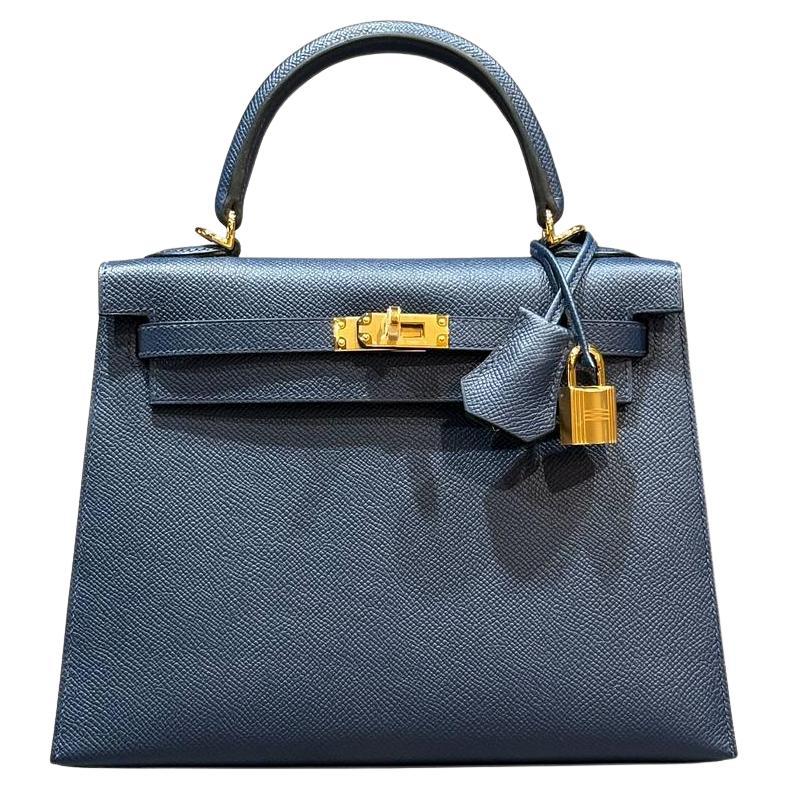 Hermès Blauer Saphir Kelly Sellier 25 Epsom Gold Hardware im Angebot