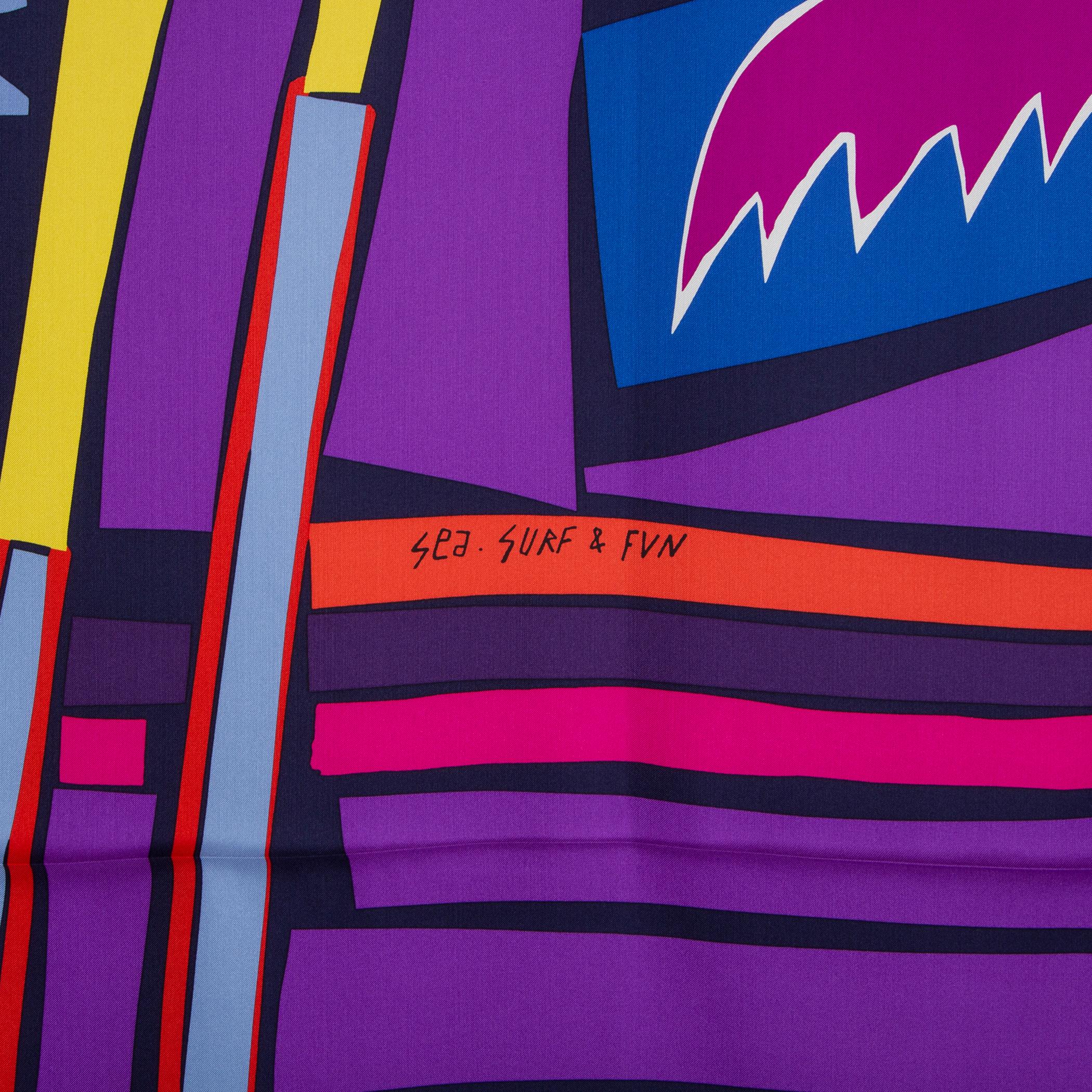 Hermès 'Sea, Surf, and Fun' scarf by Filipe Jardin in royal blue, grape, yellow, orange, green, magenta, and cyan silk twill (100%). May have been worn and is in virtually new condition. 

Width 140cm (54.6in)
Height 140cm (54.6in)
