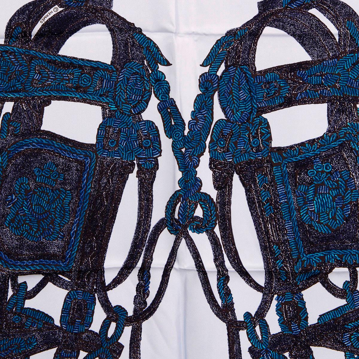 Blue HERMES blue silk BRIDES DE GALA BRODE 90 Twill Scarf Marine Ciel Cobalt