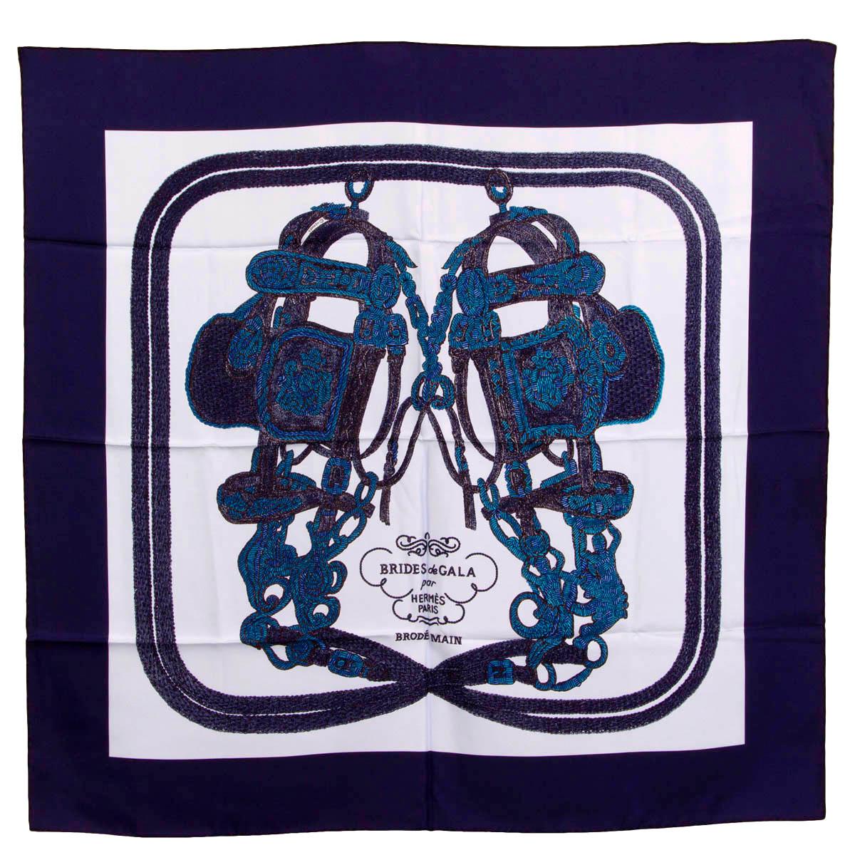 HERMES blue silk BRIDES DE GALA BRODE 90 Twill Scarf Marine Ciel Cobalt For Sale