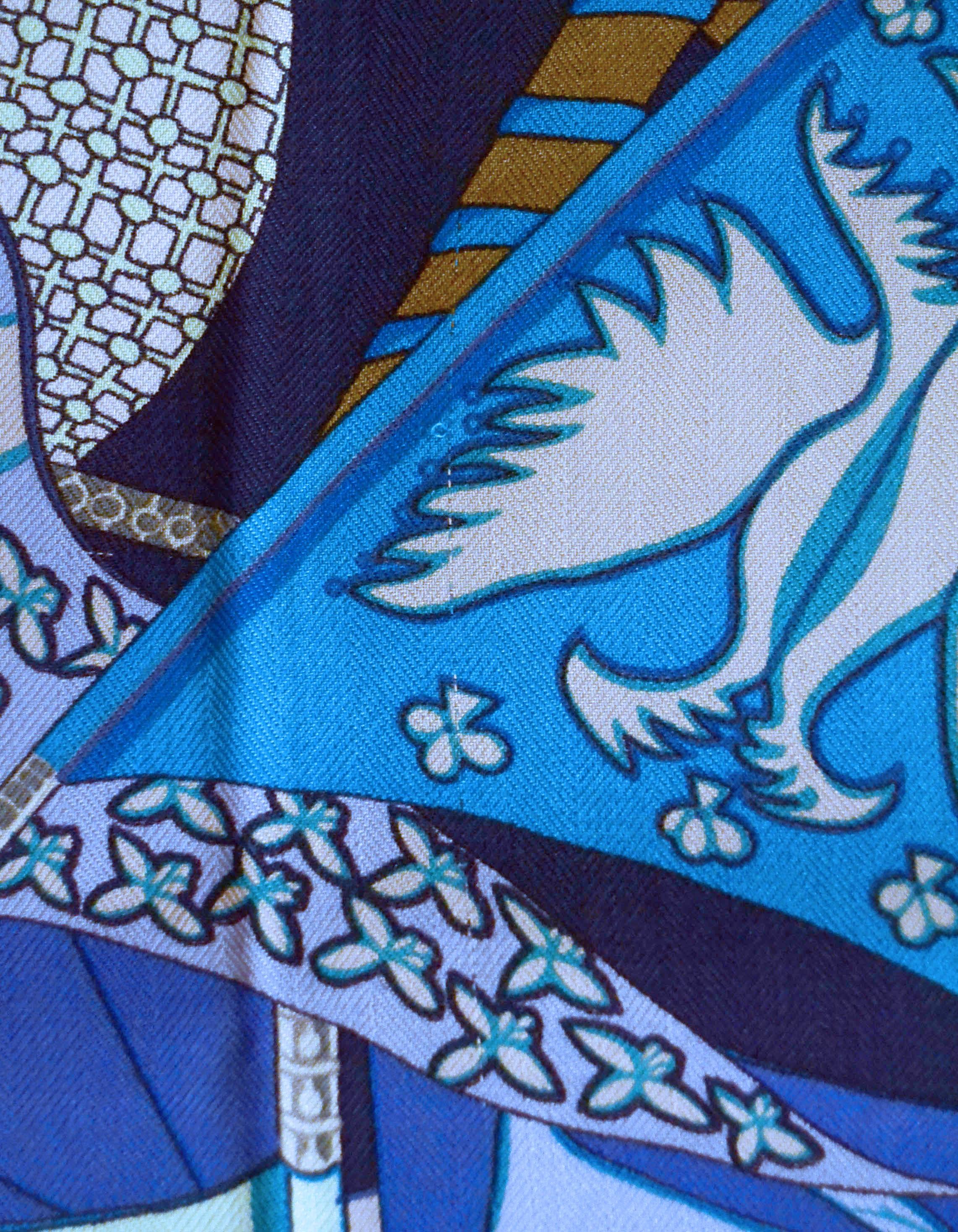 Hermes Blue Silk & Cashmere Etendards et Bannieres 140cm Shawl/Scarf In Excellent Condition In New York, NY