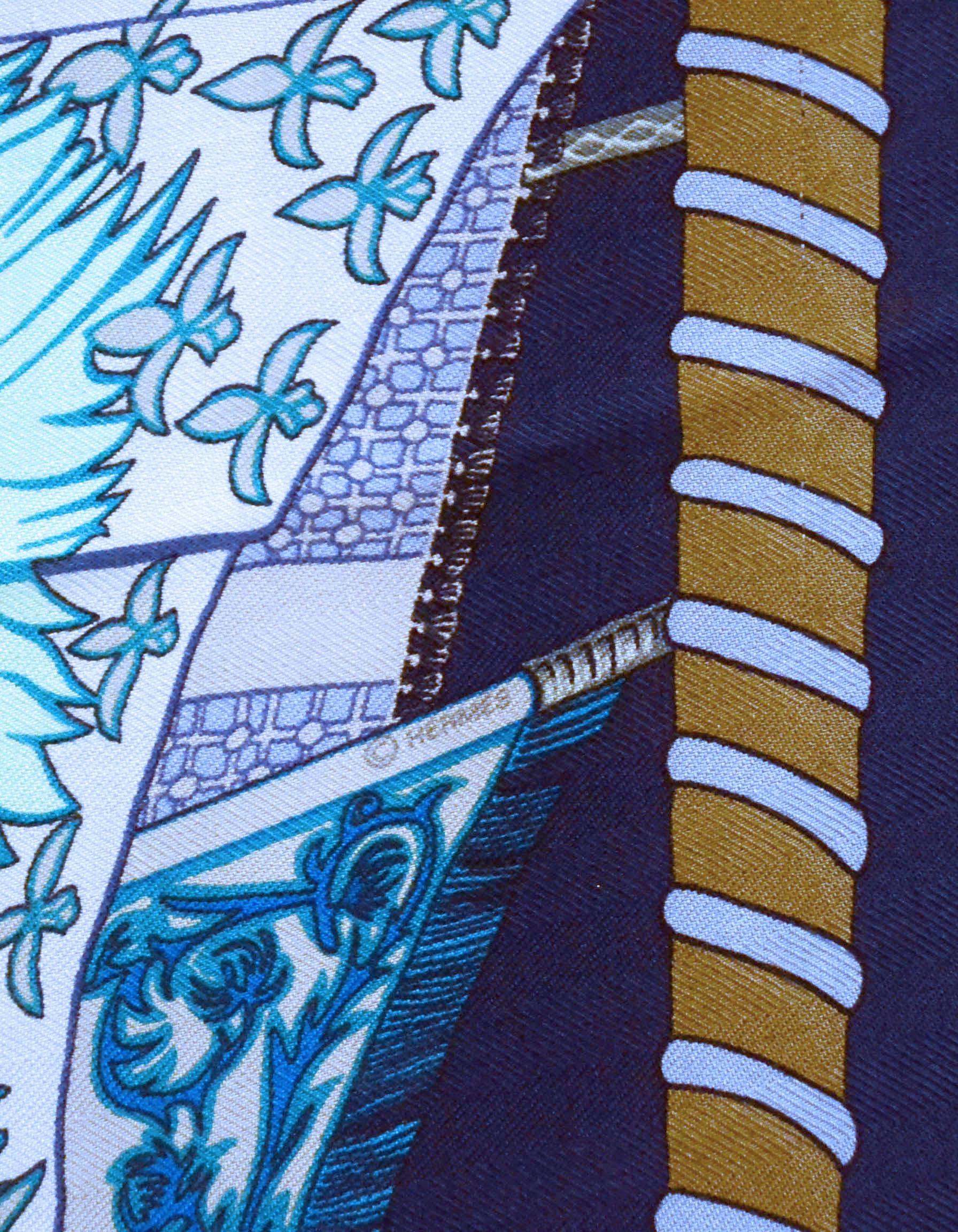 Women's Hermes Blue Silk & Cashmere Etendards et Bannieres 140cm Shawl/Scarf